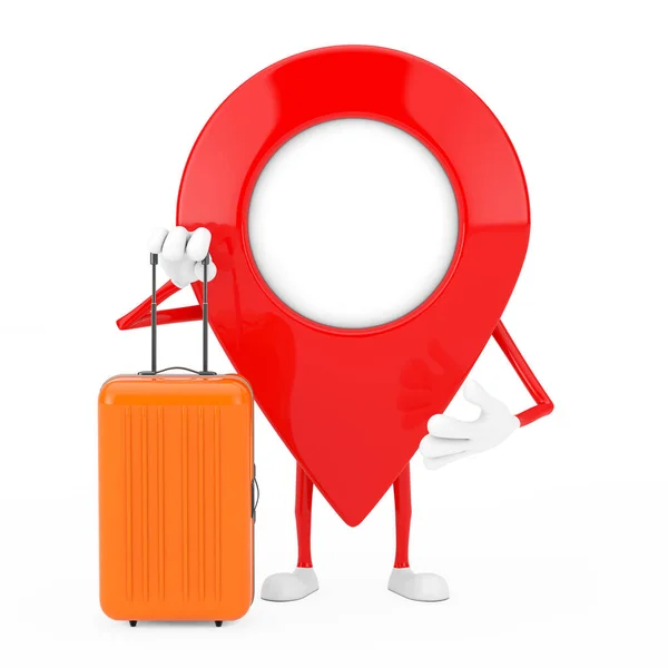 Mapa Pointer Pin Personaje Mascota Con Orange Travel Maleta Sobre —  Fotos de Stock