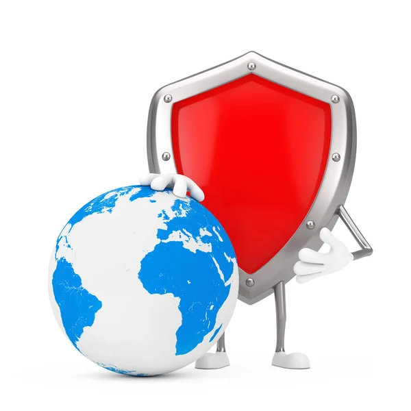 Red Metal Protection Shield Character Mascot Med Earth Globe Hvid - Stock-foto