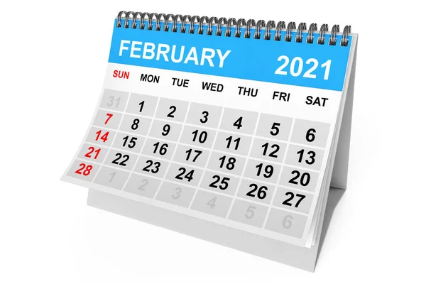 2021 Έτος Φεβρουάριος Ημερολόγιο Λευκό Φόντο Απόδοση — Φωτογραφία Αρχείου