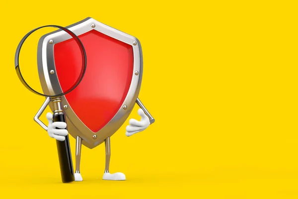 Red Metal Protection Shield Character Mascot Com Lupa Sobre Fundo — Fotografia de Stock