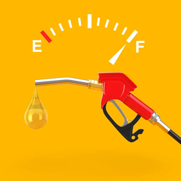 Fuel Dashboard Gauge Sign Showing a Full Tank near of Gasoline Pistol Pump Fuel Nozzle, Gas Station Dispenser with Droplet of Gas on a yellow background. 3d Rendering