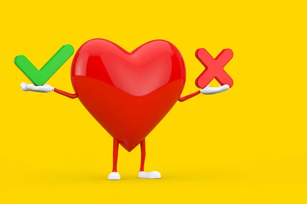 Red Heart Character Mascot Red Cross Green Check Mark Confirm — стокове фото