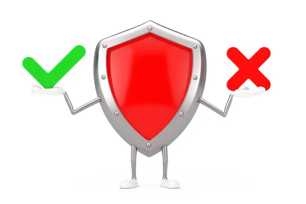 Red Metal Protection Shield Character Mascot Red Cross Green Check — Stock Photo, Image