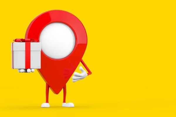 Mappa Pointer Pin Personaggio Mascotte Con Confezione Regalo Nastro Rosso — Foto Stock