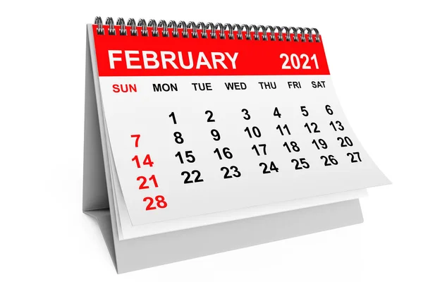 2021 Año Calendario Febrero Sobre Fondo Blanco Renderizado — Foto de Stock