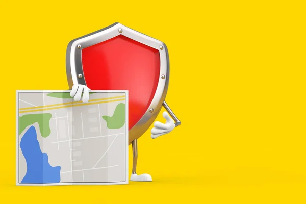 红色金属护盾人物吉祥物 黄色背景上有抽象的城市规划图 3D渲染 — 图库照片