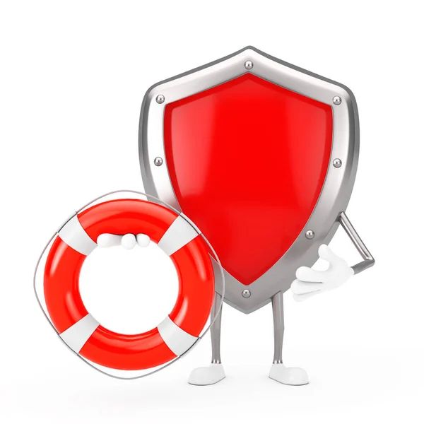 Red Metal Protection Shield Character Mascot Life Buoy White Background — Stock Photo, Image