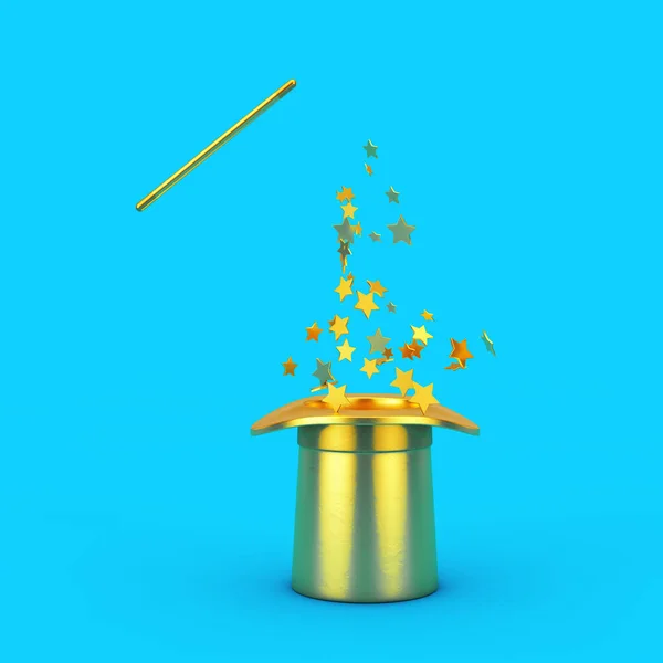 Magic Concept Golden Magic Hat Wand Gold Sparkles Blue Background — Stock Photo, Image