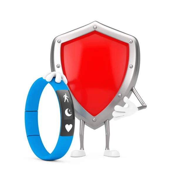 Red Metal Protection Shield Character Mascot Com Blue Fitness Tracker — Fotografia de Stock