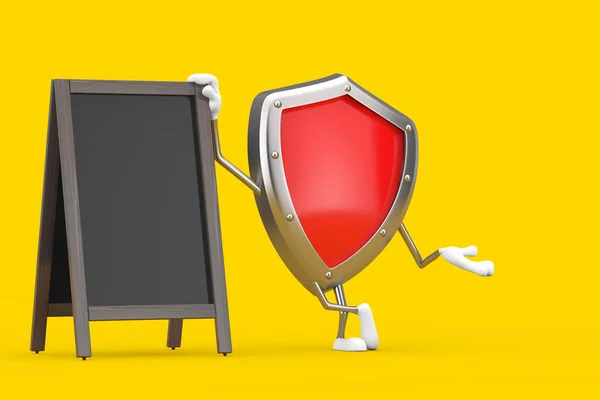 Red Metal Protection Shield Character Mascot with Blank Wooden Menu Blackboards Outdoor Display on a yellow background. 3d Rendering