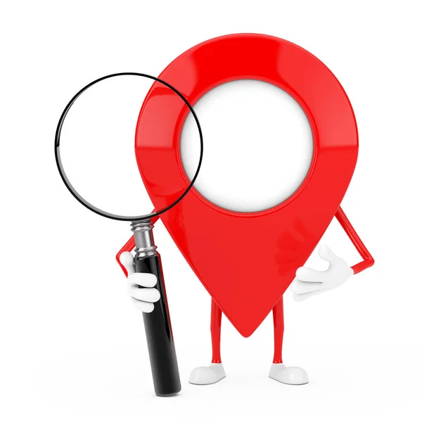 Red Map Pointer Target Pin Character Mascot Mit Lupe Auf — Stockfoto