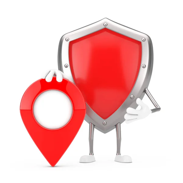 Red Metal Protection Shield Character Mascot Com Red Map Pointer — Fotografia de Stock