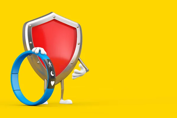 Maskotka Red Metal Protection Shield Niebieskim Nadajnikiem Fitness Żółtym Tle — Zdjęcie stockowe