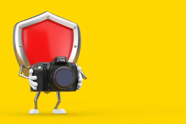 Rotes Metall Schutzschild Maskottchen Mit Moderner Digitaler Fotokamera Auf Gelbem — Stockfoto