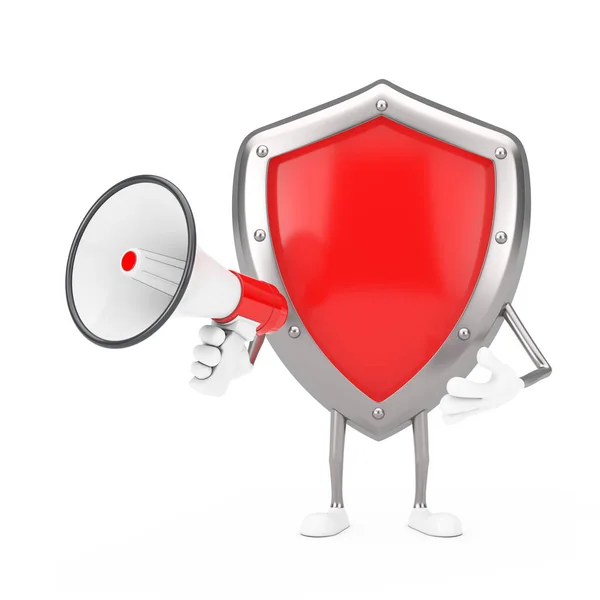Red Metal Protection Shield Postava Maskota Červeným Retro Megaphone Bílém — Stock fotografie