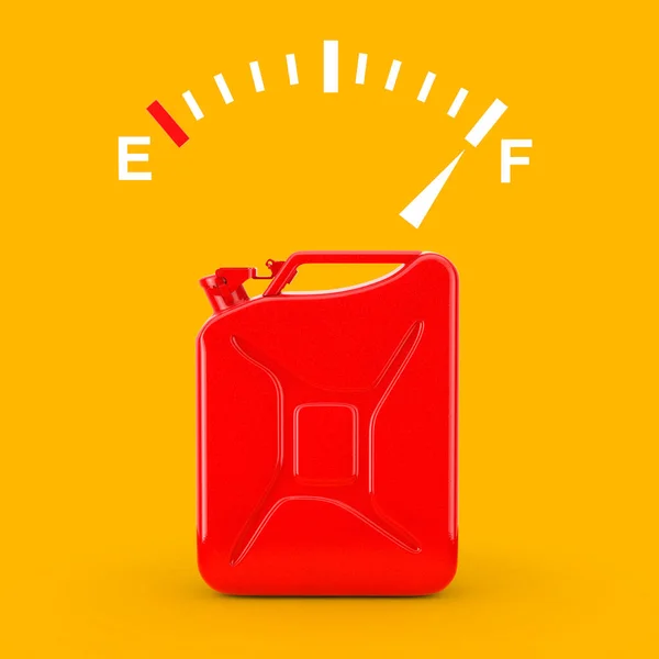 Fuel Dashboard Gauge Sign Showing a Full Tank near of Red Metal Jerrican on a yellow background. 3d Rendering