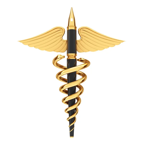 Koncept Lékařské Publikace Golden Fountain Writing Pen Gold Medical Caduceus — Stock fotografie