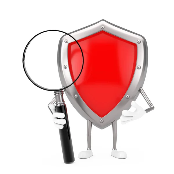Red Metal Protection Shield Character Mascot Magnifying Glass White Background — Stock Photo, Image