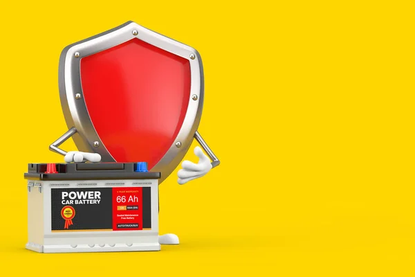 Red Metal Protection Shield Character Mascot Och Uppladdningsbart Bilbatteri 12V — Stockfoto