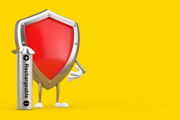 Red Metal Protection Shield Character Mascot Med Uppladdningsbart Batteri Gul — Stockfoto