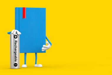 Sarı arka planda şarj edilebilir pili olan Mavi Kitap Karakteri Maskotu. 3d Hazırlama