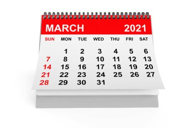 Beyaz bir arka planda 2021 Yıllık Mart takvimi. 3d oluşturma