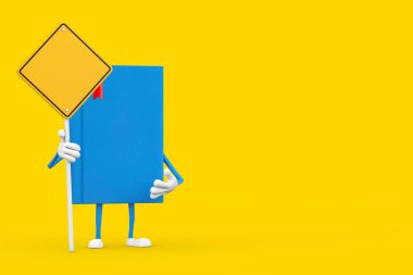 Mavi Kitap Karakteri Maskotu ve sarı zemin üzerinde 