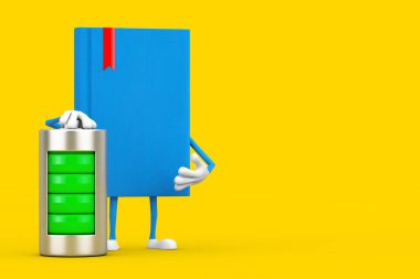 Sarı arka planda soyut şarj pili olan Mavi Kitap Karakteri Maskotu. 3d Hazırlama