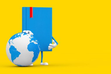 Sarı arka planda Dünya Küresi olan Mavi Kitap Karakteri Maskotu. 3d Hazırlama