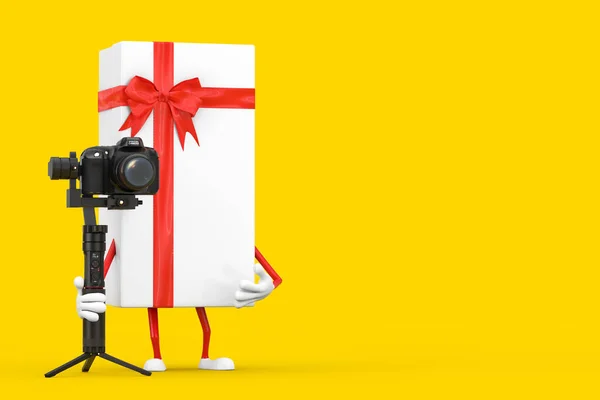 White Gift Box Red Ribbon Character Mascot Dslr Video Camera — 스톡 사진