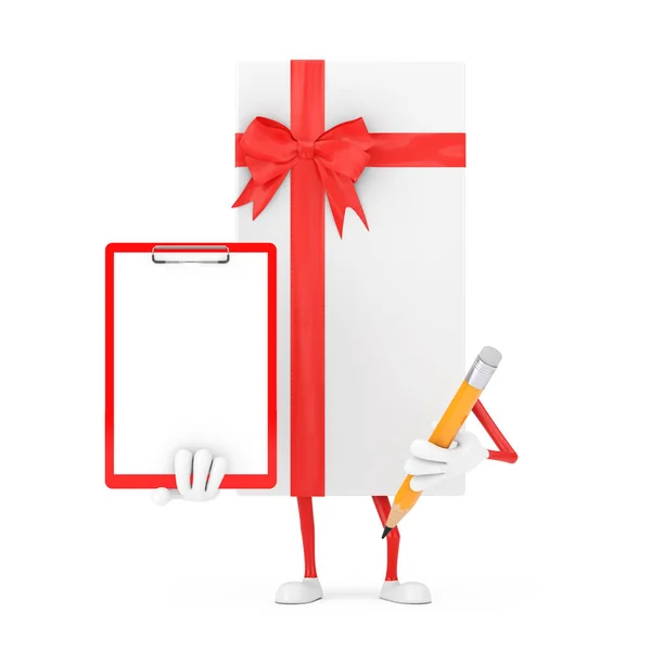 白色礼品盒和红色丝带人物吉祥物 白色背景为红色塑料剪贴板 纸张和铅笔 3D渲染 — 图库照片