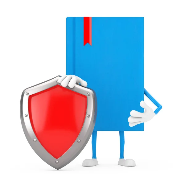 Blue Book Character Mascot Red Metal Protection Shield White Background — Stock Photo, Image