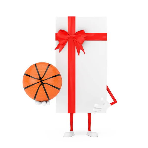 White Gift Box Dan Red Ribbon Character Mascot Dengan Basketball — Stok Foto