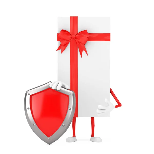 White Gift Box Red Ribbon Character Mascot Red Metal Protection — Stock Photo, Image