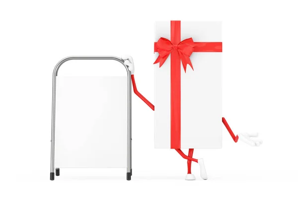 White Gift Box Red Ribbon Character Mascot White Blank Advertising — Stock Photo, Image