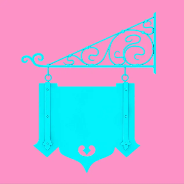 あなたのデザインとピンクの背景にDuotoneスタイルの花の鍛造要素のための無料スペースとブランクブルーハンギングサイン 3Dレンダリング — ストック写真