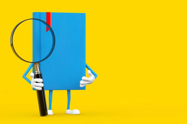 Blue Book Character Mascote Com Lupa Sobre Fundo Amarelo Renderização — Fotografia de Stock