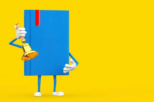 Blue Book Mascote Personagem Com Vintage Golden School Bell Fundo — Fotografia de Stock