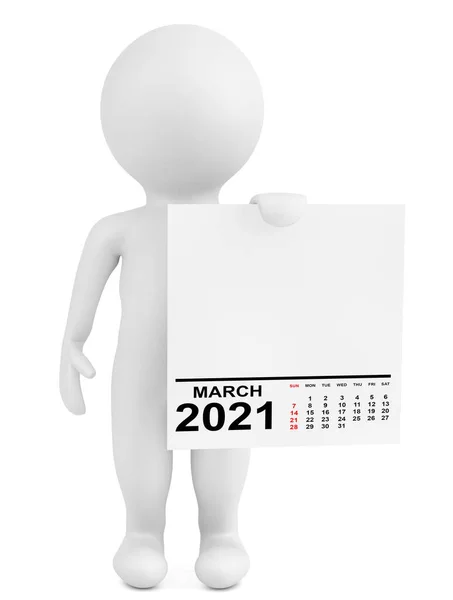 Karakter Holding Kalender Maart 2021 Jaar Een Witte Achtergrond Rendering — Stockfoto