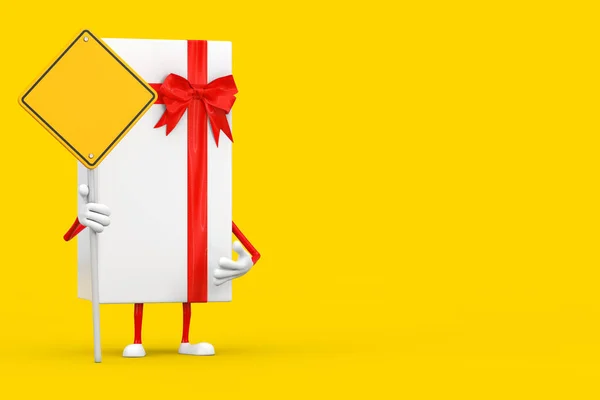 白色礼品盒 红丝带字符吉祥物和黄色路标 为您的设计提供了一个黄色背景的自由空间 3D渲染 — 图库照片