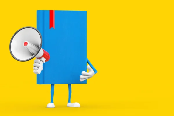 Mascotte Caractère Livre Bleu Avec Mégaphone Rétro Rouge Sur Fond — Photo