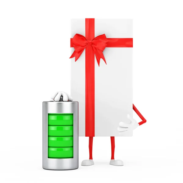 White Gift Box Red Ribbon Character Mascot Abstract Charging Battery — стокове фото