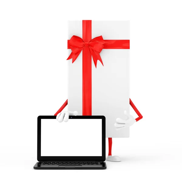 白色礼品盒和红丝带字符吉祥物与现代笔记本电脑笔记本和空白屏幕为您的设计白色背景 3D渲染 — 图库照片