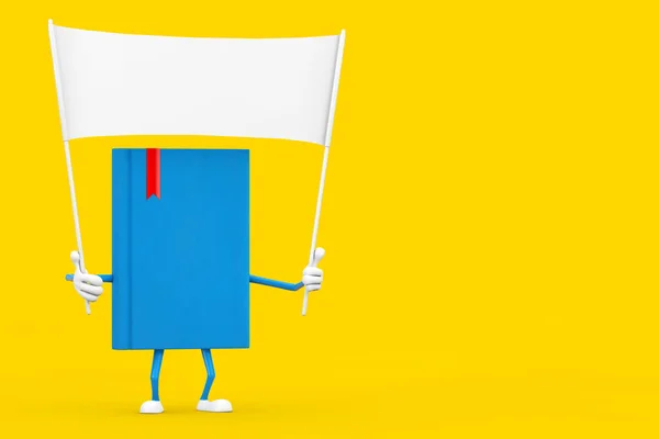 Blue Book Character Mascot and Empty White Blank Banner with Free Space for Your Design on a yellow background. 3d Rendering