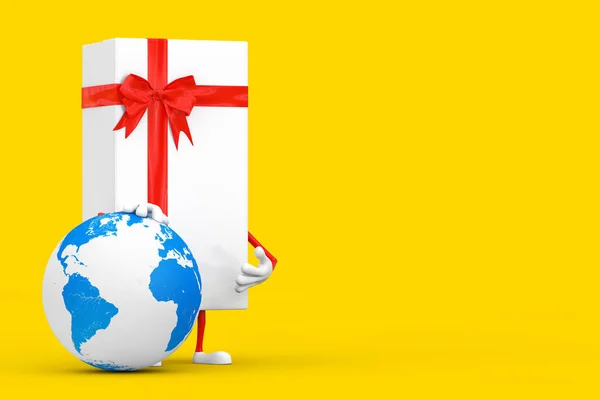 White Gift Box Red Ribbon Character Mascot Earth Globe Yellow — Stock Photo, Image