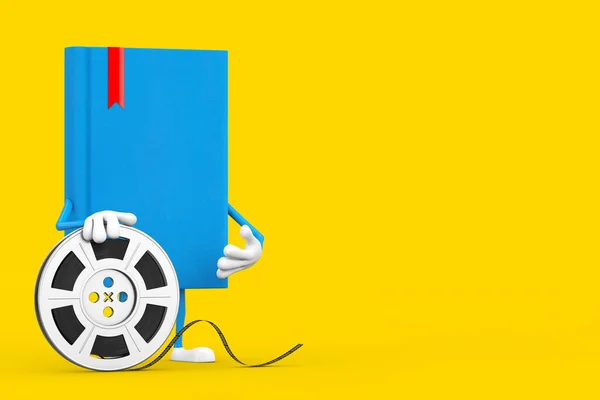 Blue Book Character Mascot with Film Reel Cinema Tape on a yellow background. 3d Rendering