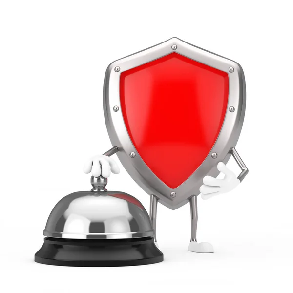 Red Metal Protection Shield Karakter Mascotte Met Hotel Service Bell — Stockfoto