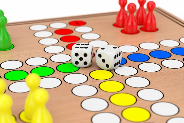 Családi Ludo Desk Wooden Board Game Closeup Fehér Alapon Kiolvasztás — Stock Fotó