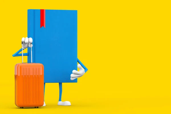 Blue Book Character Mascot Orange Travel Suitcase Yellow Background Rendering — Stock Photo, Image