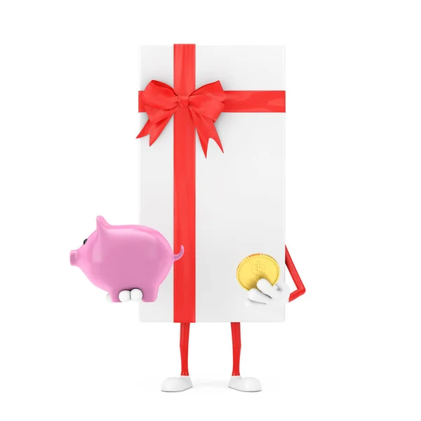 White Gift Box Red Ribbon Character Mascot Piggy Bank Golden — Stock Photo, Image